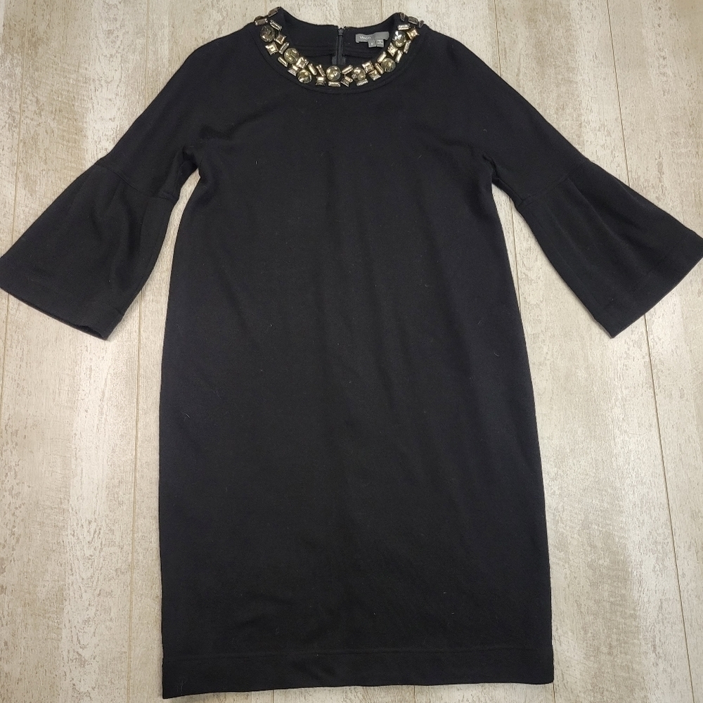 Vince Wool Sweater Dress Black Jewel Trim Bell Sleeve Knit Size Medium